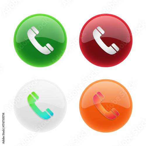 Set of glossy phone call icons isolated on transparent background, representing communication and connection in green, red, white, and orange hues