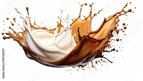 Chocolate Milk Splash Against White Background Soft Studio Lighting Dynamic Fluid Brown and White Swirl Food and Drink Photography