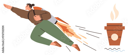 Person with rocket backpack soaring forward, reaching for coffee cup emitting steam. Ideal for energy boost, motivation, productivity, morning routine, caffeine, ambition focus. Simple flat metaphor