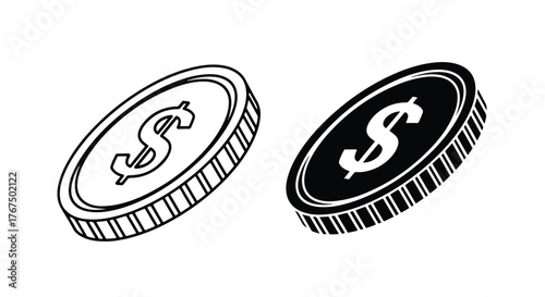 Two hand-drawn coins with dollar symbols and textured edges finance - Line and glyph icon and logo - Vector icon symbol for website - Icon vector