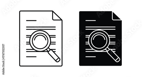 Magnifying glass inspecting document icon symbol for research analysis data - Line and glyph icon and logo - Vector icon symbol for website - Icon vector