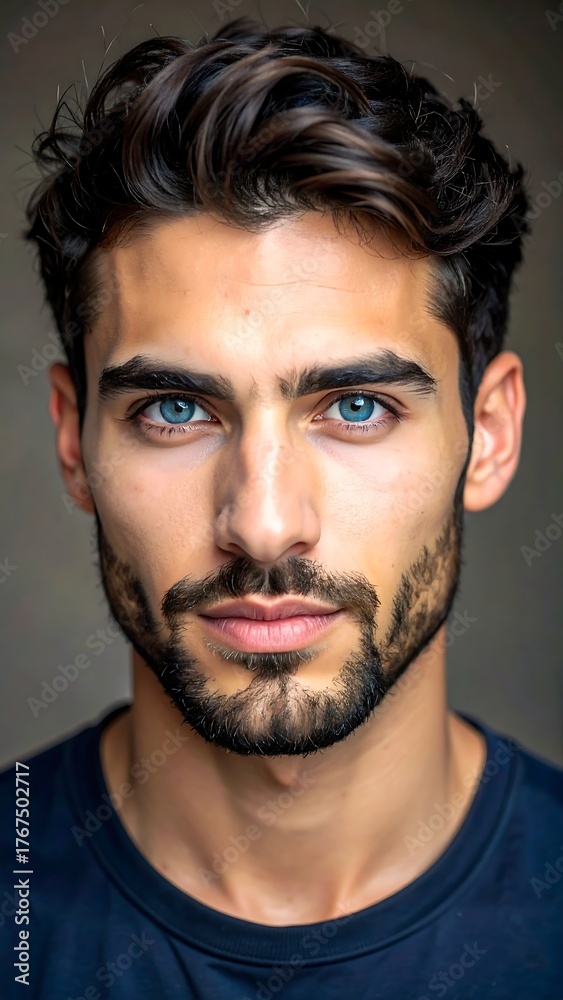 Fototapeta premium A handsome man with striking blue eyes and dark wavy hair