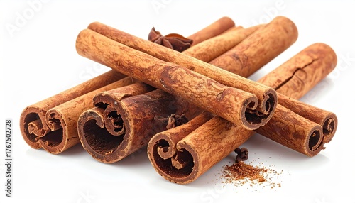 Cinnamon Sticks Pile with Star Anise on White Background