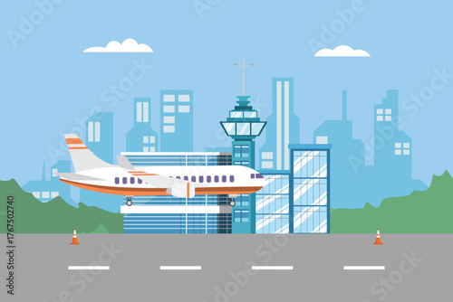  Aircraft landing and take off Concept. Colored flat vector illustration isolated