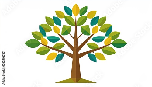 Circular Eco Label with Tree Illustration Flat Vector Style Emblem of Environmental Stewardship Badge with Brown Trunk Green Blue and Yellow Leaves on White Backdrop