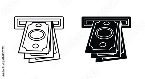 Two stylized images of cash dispensing from a money slot representing withdrawal - Line and glyph icon and logo - Vector icon symbol for website - Icon vector