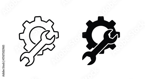 Gear and wrench icon symbol representing repair maintenance settings and mechanics - Line and glyph icon and logo - Vector icon symbol for website - Icon vector