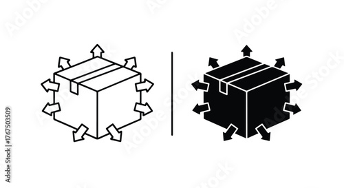 Two boxes one outline one filled showing expansion arrows for shipping logistics - Line and glyph icon and logo - Vector icon symbol for website - Icon vector