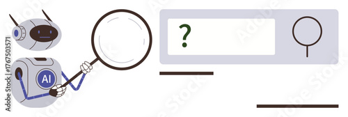 Robot with an AI label holding a magnifying glass, analyzing a search bar with a question mark. Ideal for concepts of research, AI tools, innovation, tech support, inquiry, data exploration. Simple
