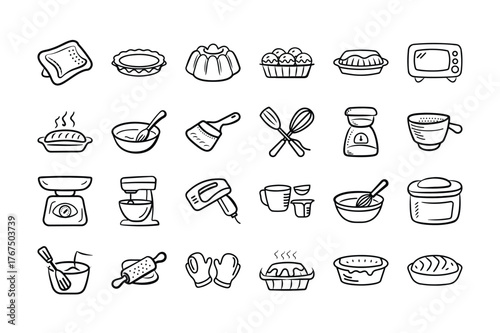Baking Tools and Desserts Vector Icon Set – Hand Drawn Kitchen Equipment and Bakery Elements