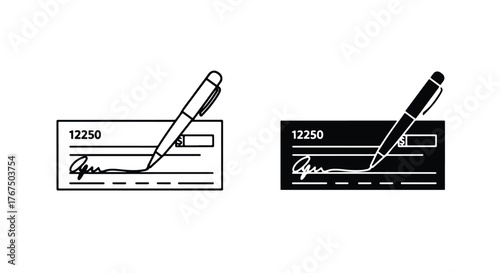 Two realistic checks with pens signing them business finance - Line and glyph icon and logo - Vector icon symbol for website - Icon vector