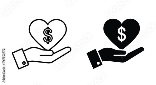 Hand holding heart with dollar sign icon for charity and finance symbolism - Line and glyph icon and logo - Vector icon symbol for website - Icon vector