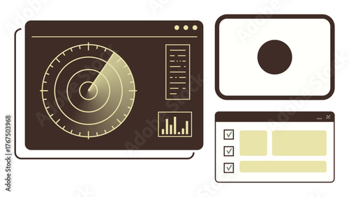 Radar system interface tracking objects, task checklist tool, and camera feed screen. Ideal for surveillance, tracking, security, analysis, monitoring workflow management data review. Simple flat