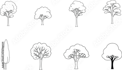 Collection of sketchy tree outlines showing diverse branching patterns and foliage styles