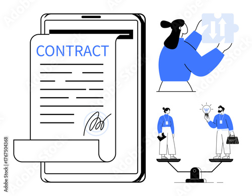 Digital document on a device, woman holding puzzle piece, team sharing ideas, balanced scales. Ideal for business collaboration, agreements, contracts, problem-solving, negotiation decision-making