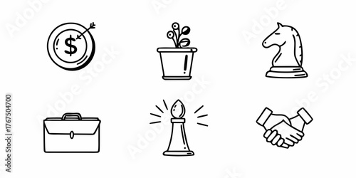 Six stylized icons representing business concepts including growth strategy and partnership success