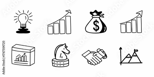Collection of business themed doodles featuring a lightbulb, charts, moneybag, handshake and chess piece