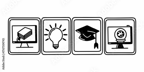 Icons representing online education with a book on computer, lightbulb, graduation cap, and webcam on screen