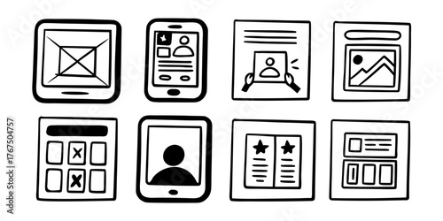 Illustration of eight hand drawn web design elements including mobile and desktop interfaces with content 100