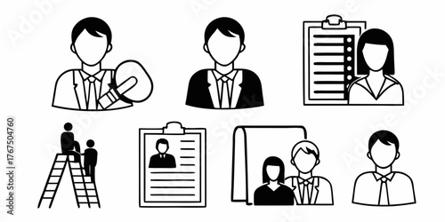 Collection of black and white icons representing human resources and recruitment processes and management