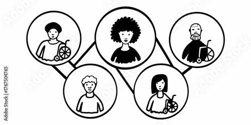 Illustration of diverse people connected in a network with some using wheelchairs in black and white style