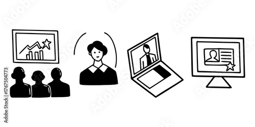 Illustration of a business meeting with graphs, computers, and people in a conference call setting