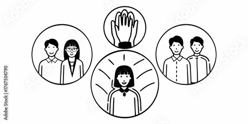 Illustration of four circles with people and hands in black and white line drawing style icon design