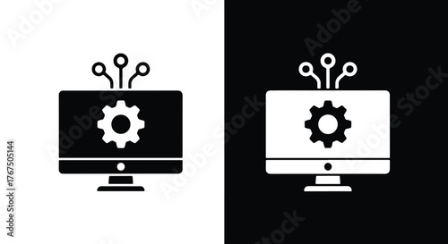 Computer screen with gear and data connections icon digital technology concept - Line and glyph icon and logo - Vector icon symbol for website - Icon vector
