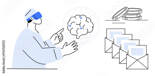 Man wearing augmented reality headset gestures at a digital brain, coins, and emails, symbolizing technology, AI, virtual communication, data analysis, futuristic thinking or innovation. Ideal
