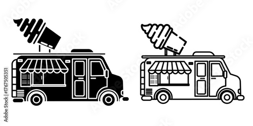 Food Truck Icon Ice Cream in Outline and Silhouette Vector Illustration, Stroke Editable