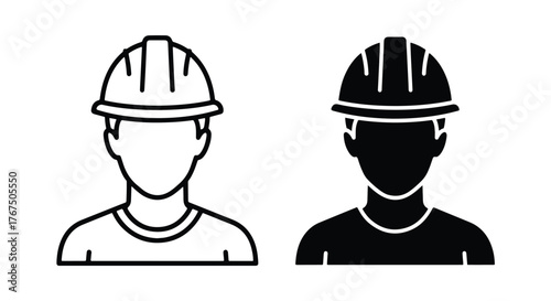 Two stylized worker icon symbols showing hard hat and shirt outline - Line and glyph icon and logo - Vector icon symbol for website - Icon vector