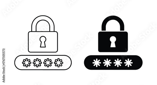 Digital security padlock and password entry icons for online protection - Line and glyph icon and logo - Vector icon symbol for website - Icon vector