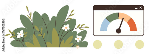 Lush green foliage and flowers paired with an energy efficiency progress meter in a web interface. Ideal for ecology, growth, performance, energy conservation, monitoring, sustainability, simple flat