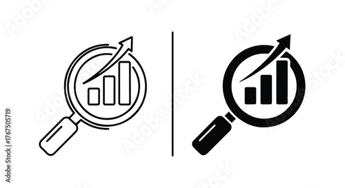 Magnifying glass over bar chart showing upward growth trend - Line and glyph icon and logo - Vector icon symbol for website - Icon vector