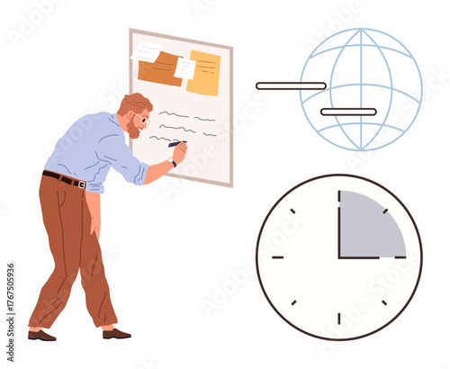 Man writing notes on a board, large clock showing time, and globe lines illustrating global reach. Ideal for productivity, planning, strategy, time management, teamwork, global connection education