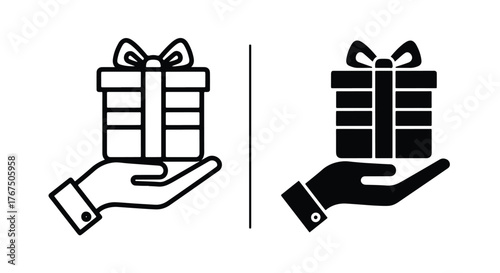 Hand holding gift box icon set offering presents celebration present - Line and glyph icon and logo - Vector icon symbol for website - Icon vector