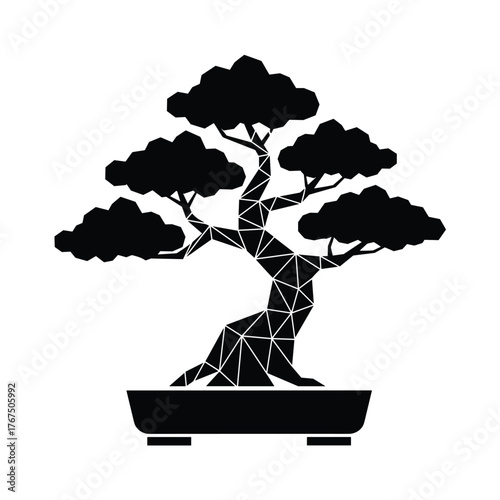 Silhouette of a bonsai tree in a pot isolated on white background