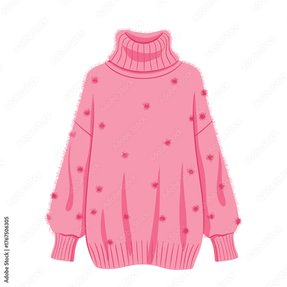 Obraz premium A cozy, soft pink turtleneck sweater with fluffy texture and decorative pom-poms, perfect for winter fashion and warmth.