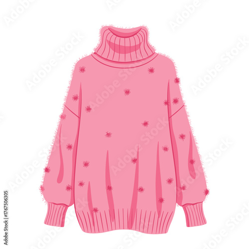 A cozy, soft pink turtleneck sweater with fluffy texture and decorative pom-poms, perfect for winter fashion and warmth.