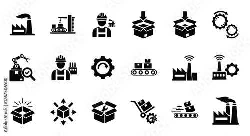 Industrial factory icons set for manufacturing logistics production processes and automation - Line and glyph icon and logo - Vector icon symbol for website - Icon vector