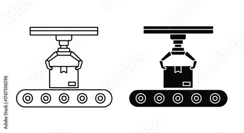 Automated robotic arm grasping box on conveyor belt system - Line and glyph icon and logo - Vector icon symbol for website - Icon vector