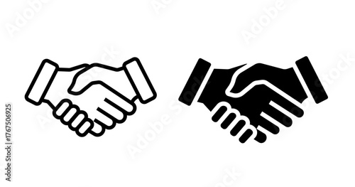 Dual style handshake vector icon set: partnership and agreement symbol in line art and solid silhouette for business deals, successful negotiation, and collaboration graphics