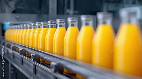 Bright orange juice bottles move along conveyor belt in modern beverage production plant showing automation, freshness and industrial efficiency