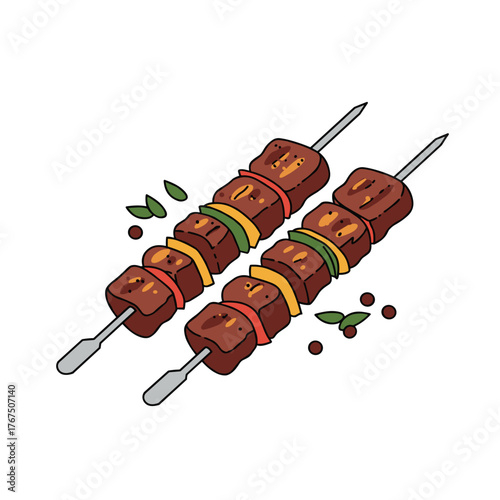 Two Grilled Meat Skewers with Colorful Vegetables and Spice Accents Illustration