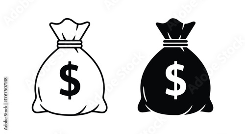 Two money bags featuring dollar signs in outline and solid styles - Line and glyph icon and logo - Vector icon symbol for website - Icon vector