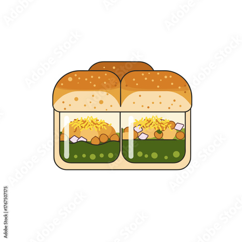 Delicious Pav Bhaji Sandwich Illustration: Two halves of a toasted bread bun filled with spiced chickpeas, green chutney, and cheese.