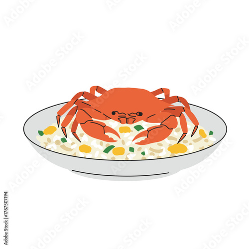 Stylized Orange Crab Topping a Bowl of Rice with Corn and Green Vegetables