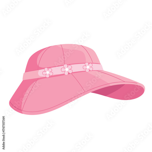 Pink sun hat with white floral trim and a wide brim for summer protection.