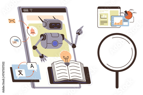 Robot analyzing data, translating text, and automating tasks on a smartphone. Ideal for AI, automation, data analysis, digital education, language translation research technology. Simple flat