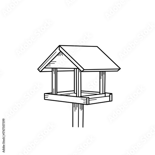 Hand-drawn bird feeder with a simple roof and post, outlined in black